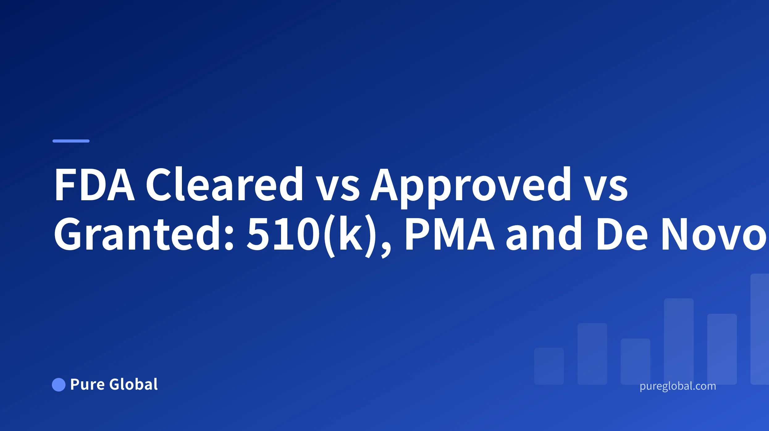 FDA Cleared vs Approved vs Granted title on a Pure Global cover with a blue gradient background