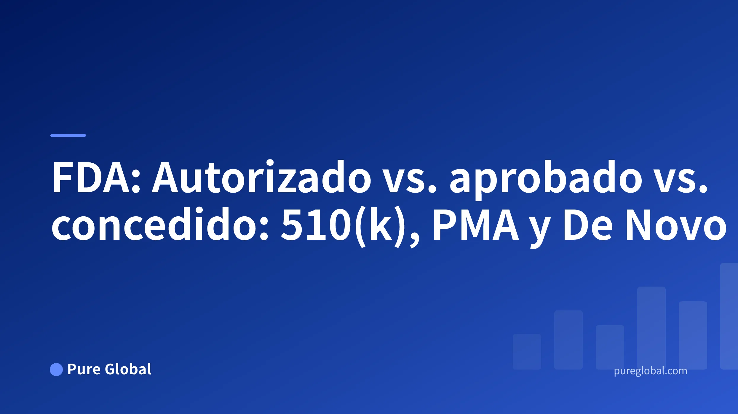 Título «FDA: Autorizado vs. aprobado vs. concedido» en una portada de Pure Global con fondo degradado azul
