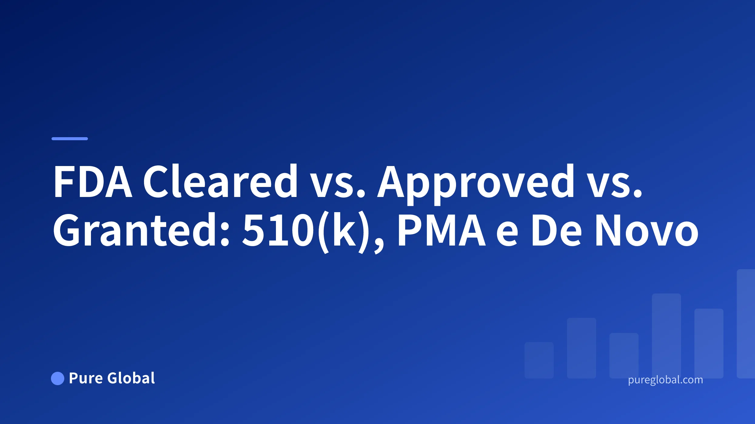 Titolo FDA Cleared vs. Approved vs. Granted su una copertina Pure Global con sfondo a gradiente blu