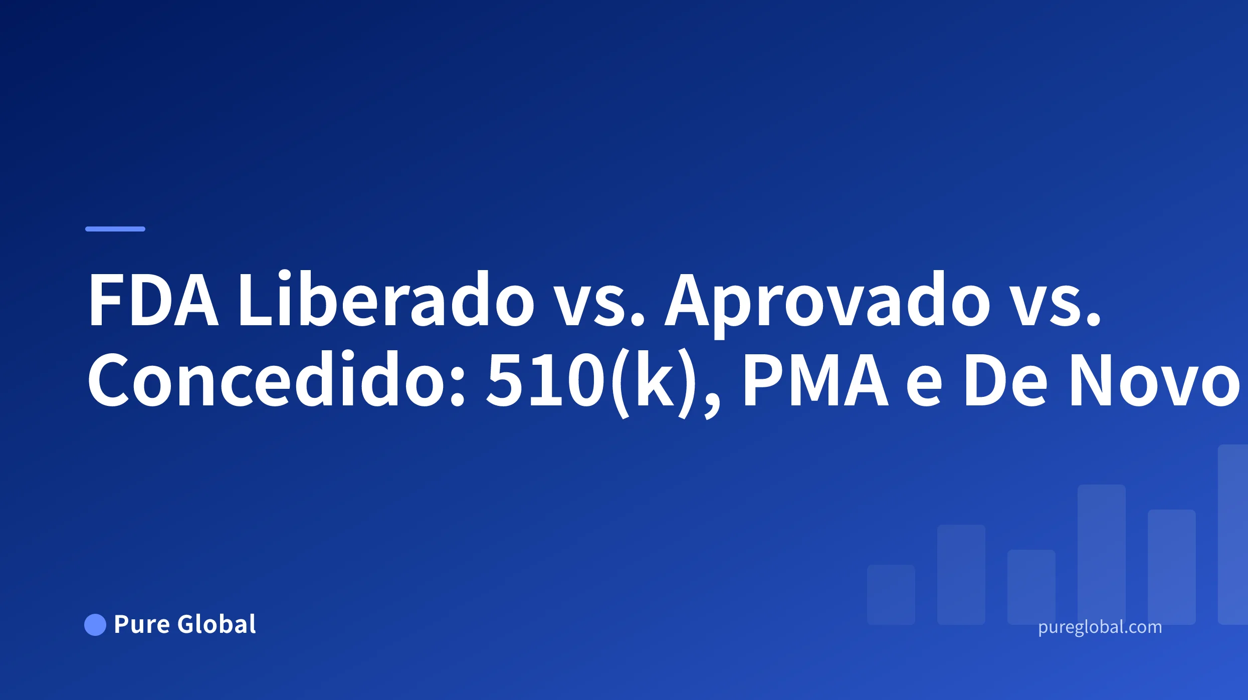 Título FDA Liberado vs. Aprovado vs. Concedido em uma capa da Pure Global com fundo em degradê azul