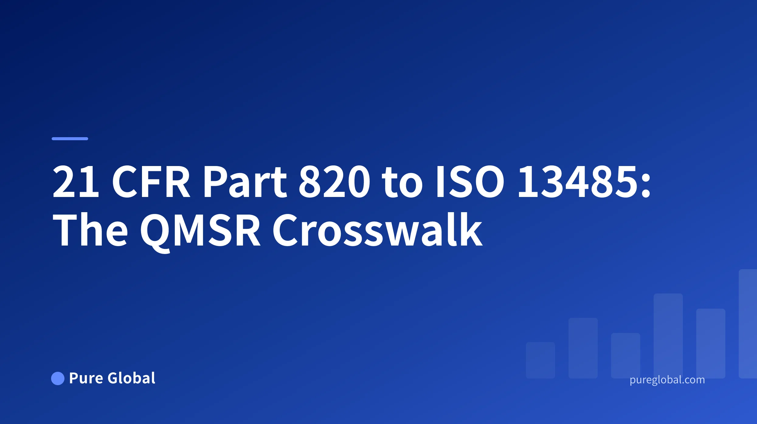 21 CFR Part 820 to ISO 13485 crosswalk title on a Pure Global cover with a blue gradient background