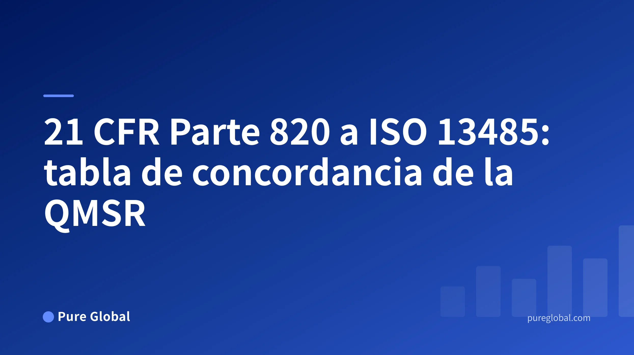 Título de la tabla de concordancia de 21 CFR Parte 820 a ISO 13485 en una portada de Pure Global con un fondo degradado azul