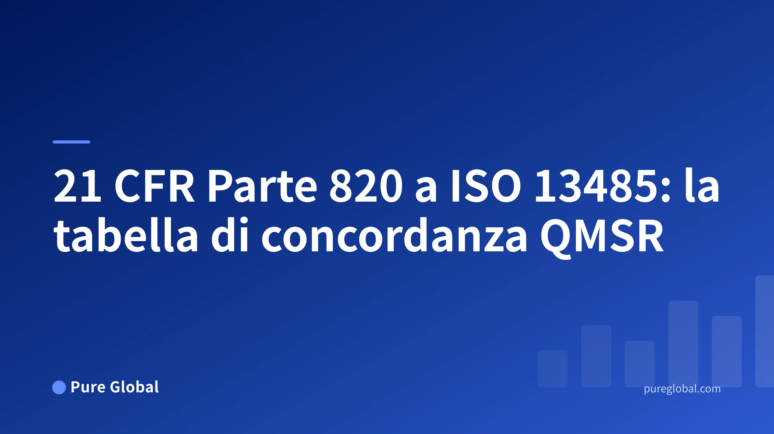 Titolo della tabella di concordanza da 21 CFR Parte 820 a ISO 13485 su una copertina Pure Global con sfondo a gradiente blu