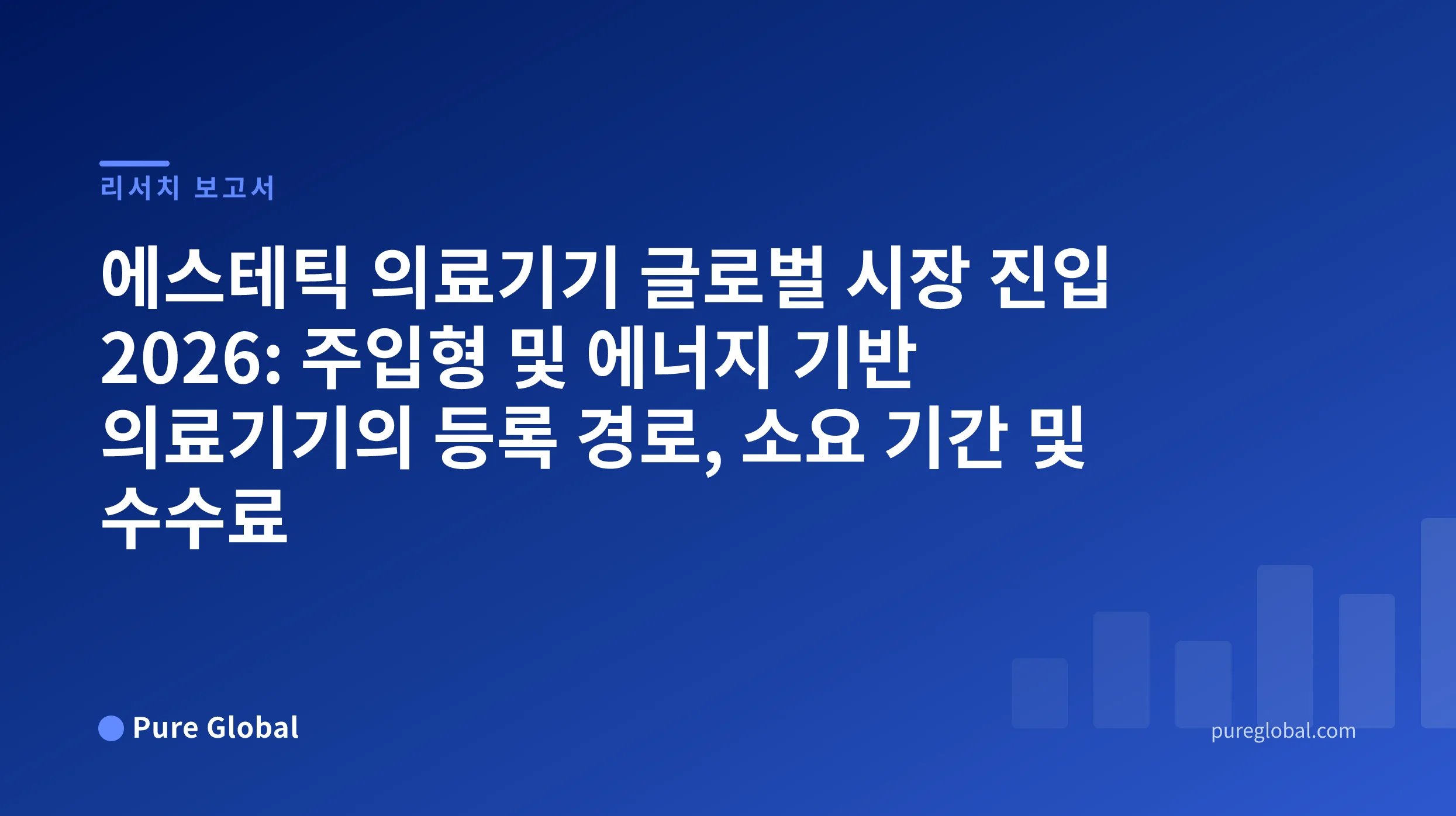 에스테틱 의료기기 글로벌 시장 진입 2026 — 푸른색 그라데이션 배경 위의 Pure Global 연구 보고서 표지