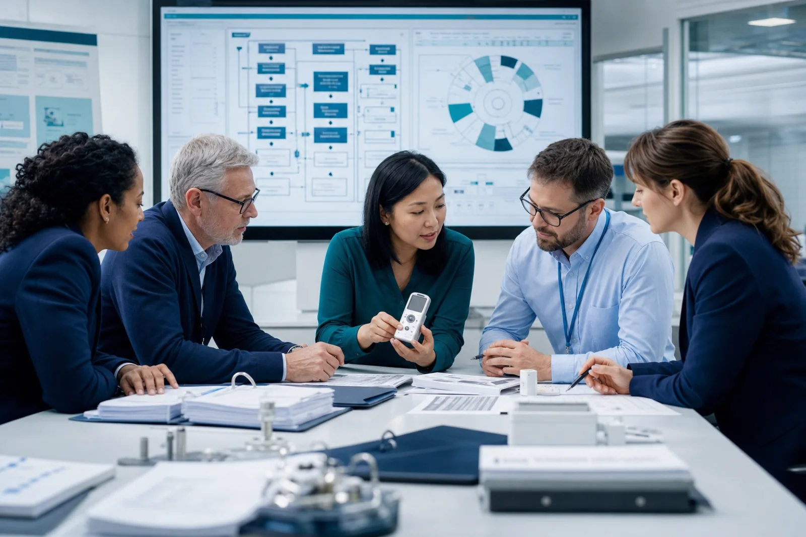 Medical device quality team designing a quality management system and reviewing product evidence